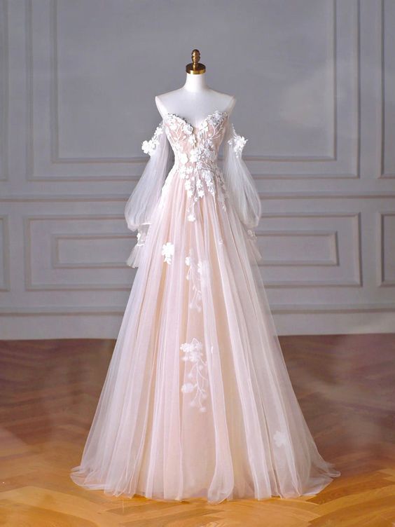 Champagne Tulle Lace Sweetheart Neck Long Formal Dress, A-Line Puff Sleeves Party Dress - VelvetHem