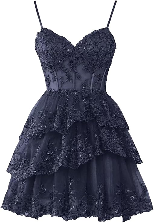 Navy Homecoming Dresses for Teens Tulle Lace Applique Tiered A-line Formal Short Mini Prom Dress fg6211 - VelvetHem