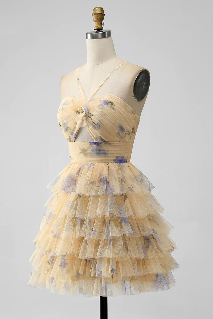 Yellow Print Keyhole Ruffle Tiered Short Homecoming Dress - View 3 | VelvetHem