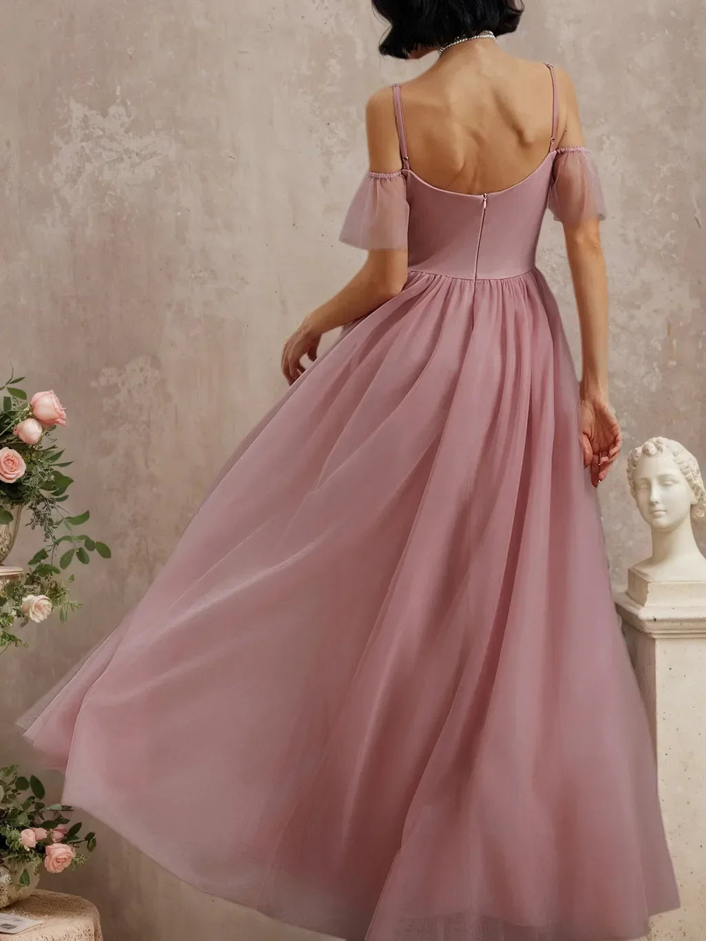 Pink Classic Off The Shoulder Short Sleeve A-Line Maxi Dress