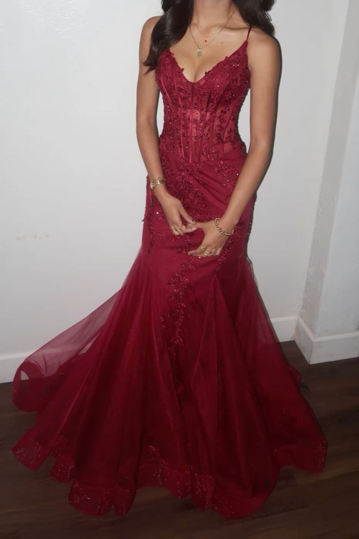 Burgundy mermaid style corset prom dress - VelvetHem