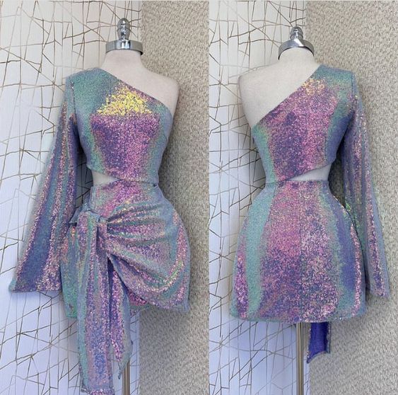 One Shoulder Sequined Homecoming Dress with Sleeve fg6243 - VelvetHem