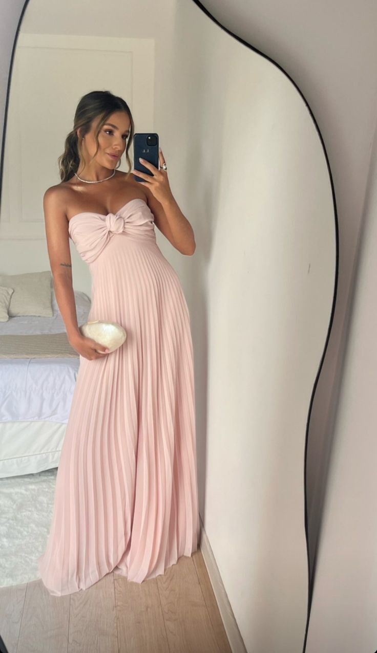 Strapless A Line Pink Long Prom Dress Pleated Formal Party Gown fg6582 - VelvetHem