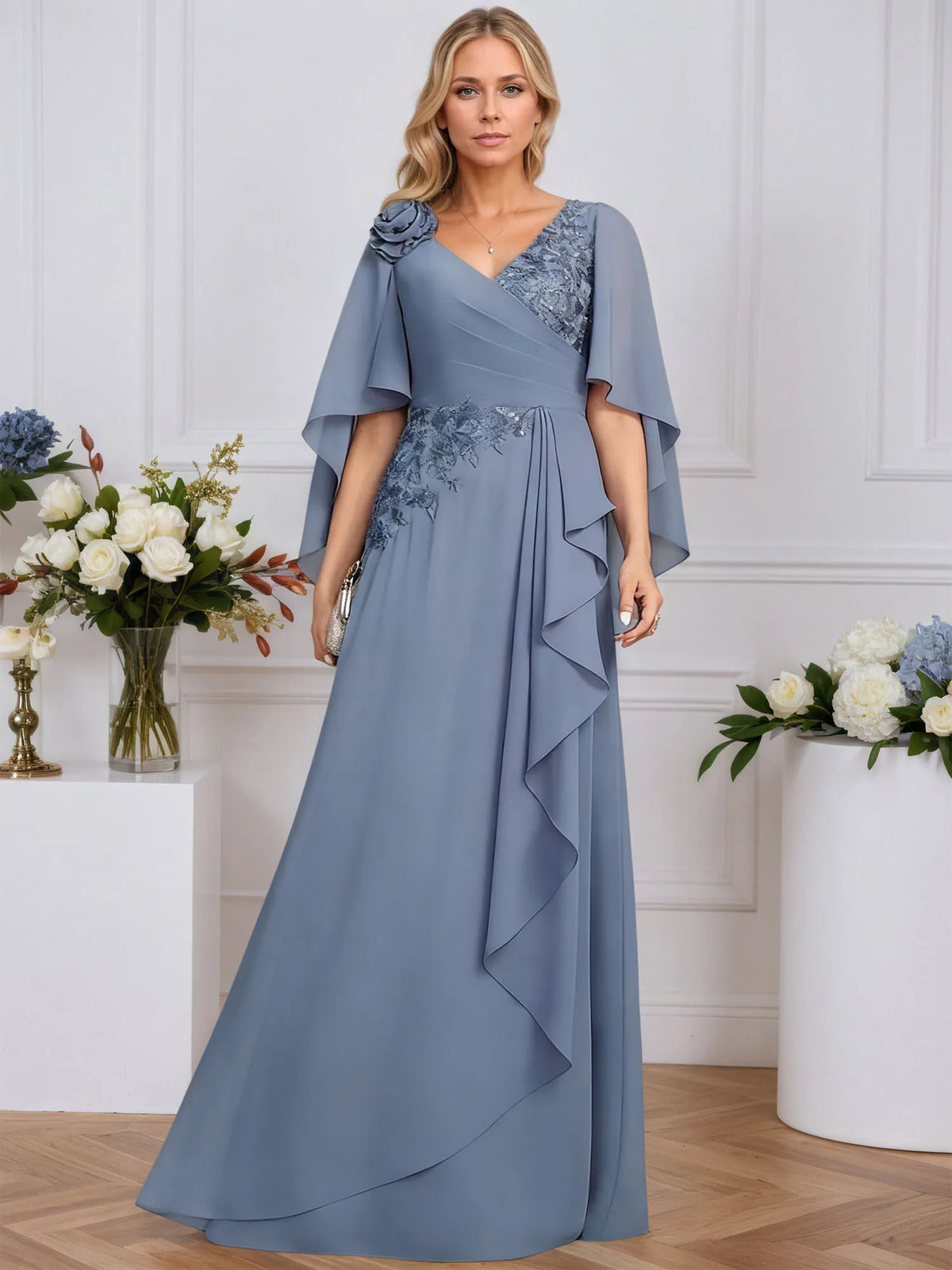 A-line V-Neck Floor-Length Lace Chiffon Mother of the Bride Dress With 3D Floral Sequins Cascading Ruffles - VelvetHem