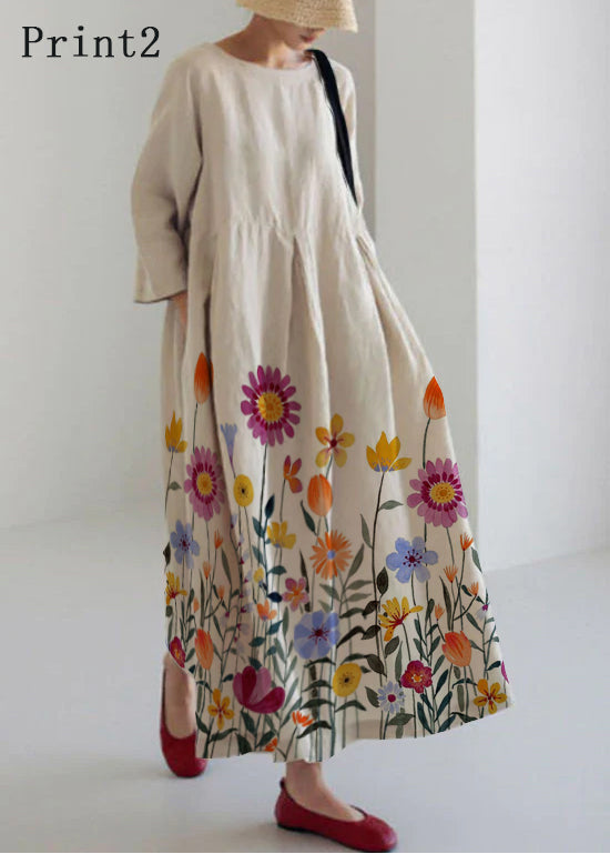 Apricot-Print1 Cotton Dresses Pockets Patchwork Fall