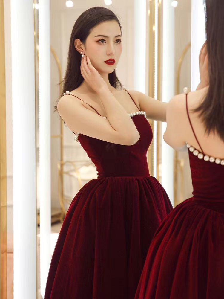 Spaghetti strap evening dress,red party dress,velvet prom dress fg6232 - VelvetHem
