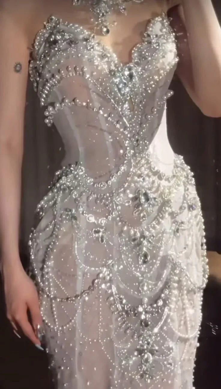 Elegant Silver-White Mermaid Sweetheart Neckline Pearl-Beaded Tulle Train Prom Dress Evening Dress