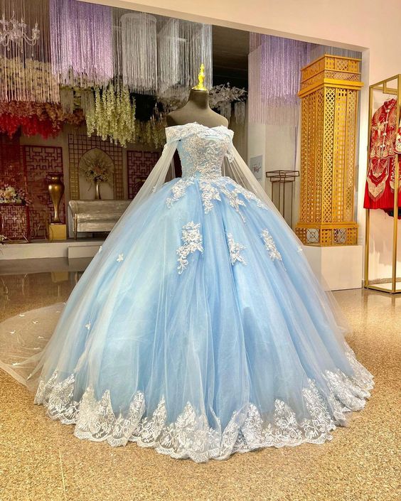 Gorgeous Blue Quinceanera Dresses With Cape Luxury Flowers Corset Ball Gown Princess Birthday Party Dress Sweet 15 Vestios Gala - VelvetHem