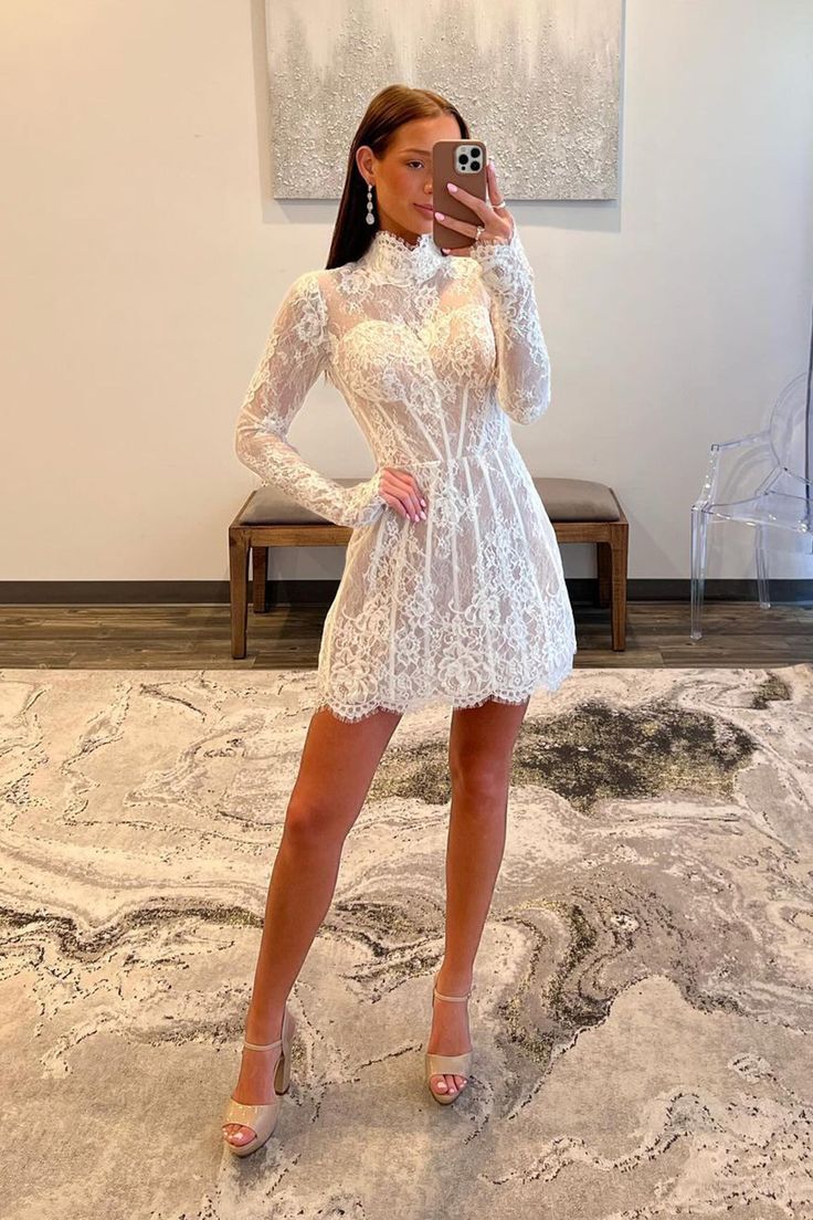 A Line Lace Homecoming Dress With Long Sleeves fg6033