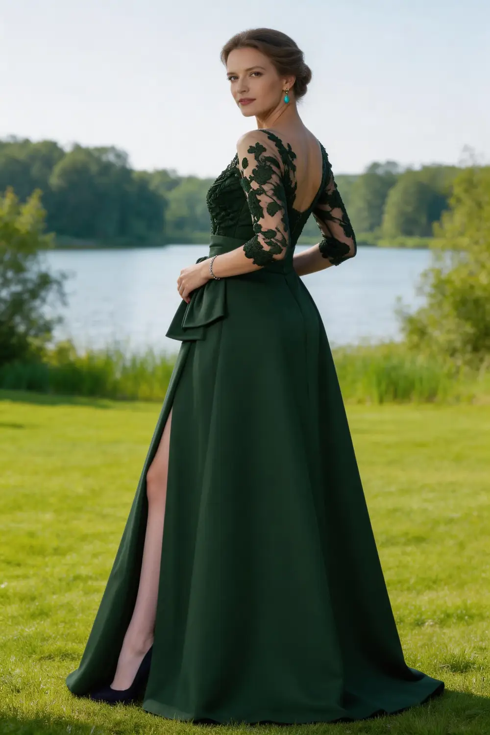 Dark Green Lace Satin A Line Mother Of The Bride Dress With Slit (ZD17157)