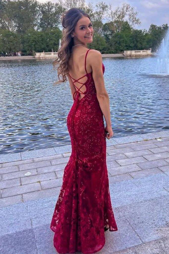 Burgundy Mermaid Lace Sequins Prom Dress Formal Wear Dresses fg6922 - View 5 | VelvetHem