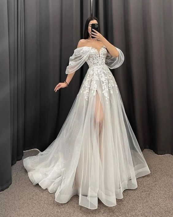 Ivory A-Line Wedding Dresses Women V-Neck Short Sleeves Long Bride Dress fg6237 - VelvetHem