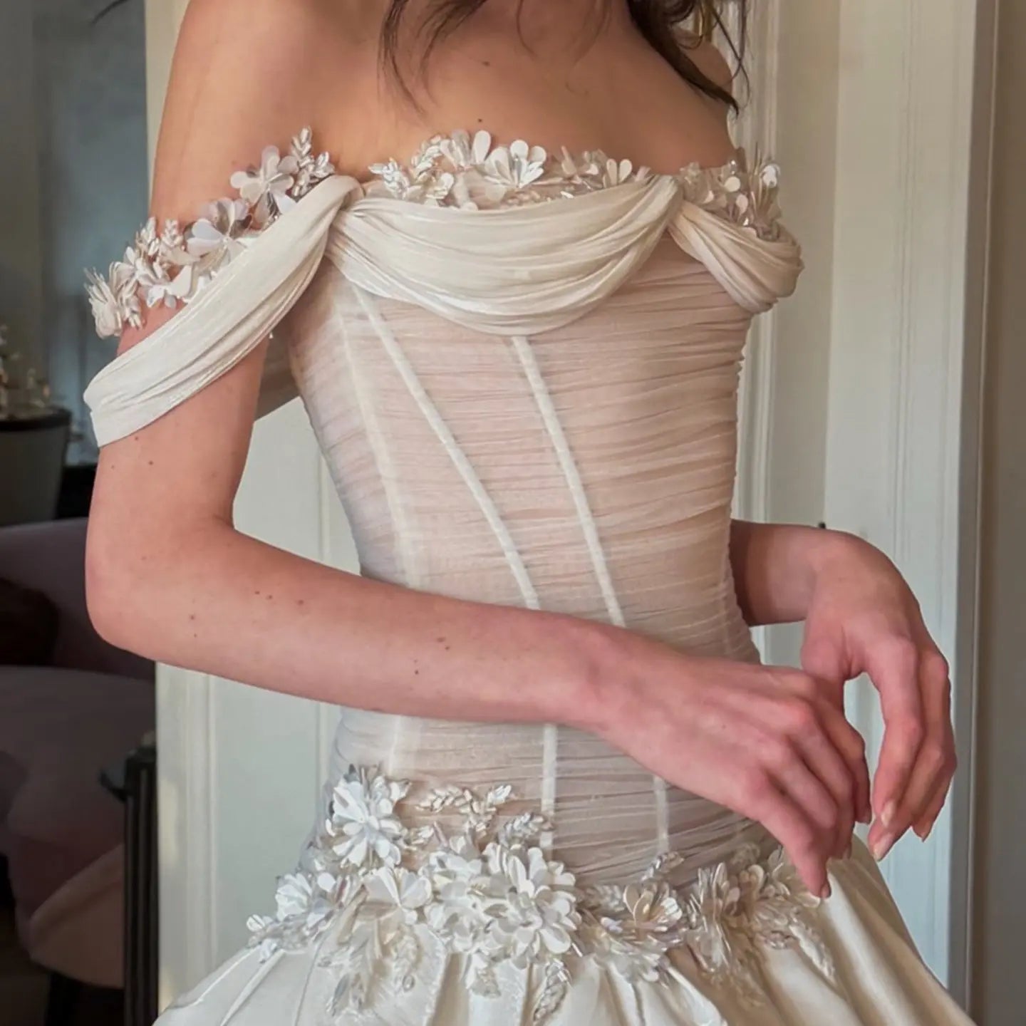 Elegant Ivory Off-the-Shoulder Floral Lace Ball Gown Wedding Dress ZP075