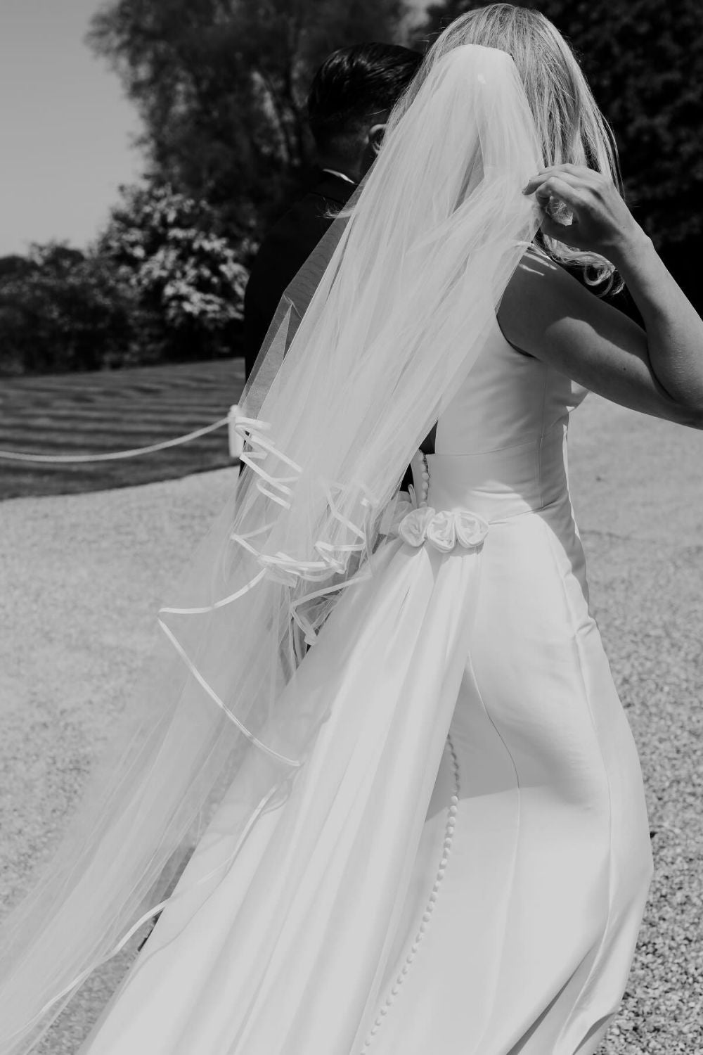 Simple Mermaid Deep V Neck White Satin Long Wedding Dress with Button Up - View 2 | VelvetHem