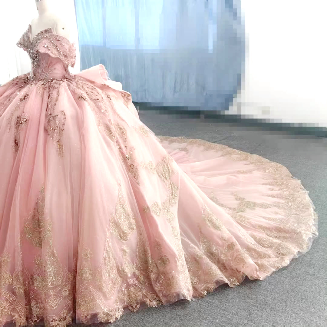 Princess Pink Sweetheart Ball Gown Quinceanera Dress with Appliques Sweep Train - View 4 | VelvetHem