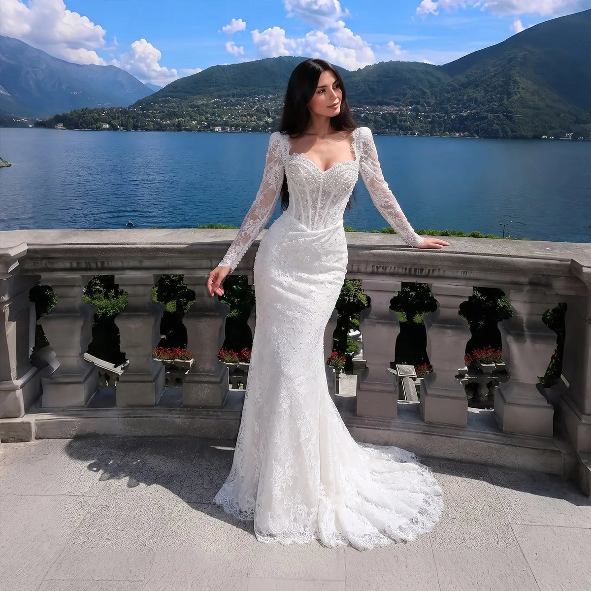 White Boho Romantic Lace Mermaid Wedding Dress Beaded Sequins With Lace Train ZP038 - VelvetHem