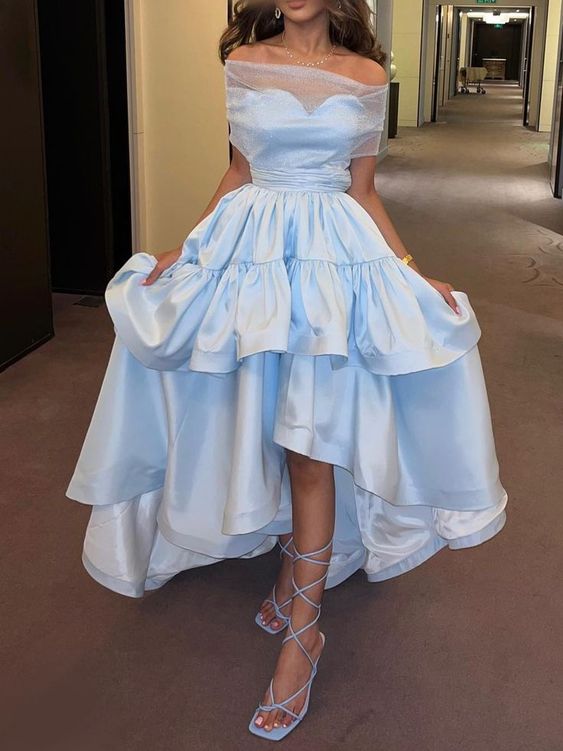 Blue Satin Mid-Length Dress for Women Custom Made Evening Dresses fg6130 - VelvetHem