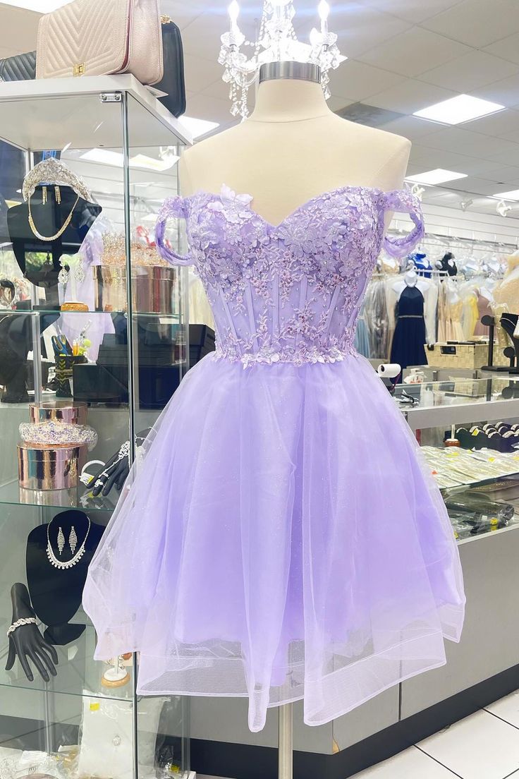 Off Shoulder Lavender Appliques Homecoming Dress Tulle Short Party Dress - VelvetHem