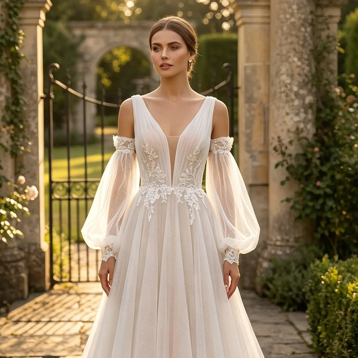Elegant Ivory V-Neck Detachable Puff Sleeve Lace Tulle Wedding Dress with Train ZP062