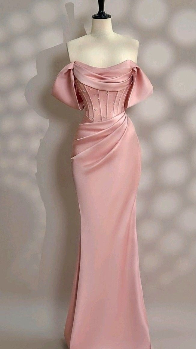 Long Pink Satin Prom Dress Off Shoulder Prom Dress Evening Party Gowns fg7426 - VelvetHem