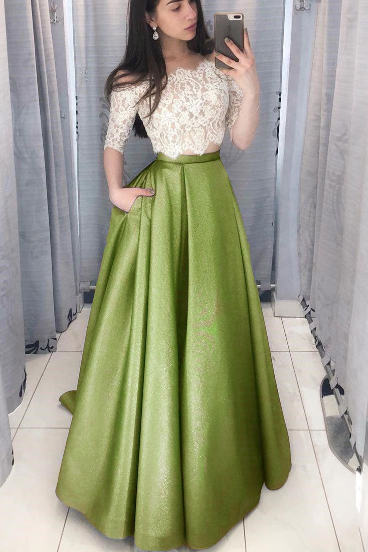 Two Piece Long Prom Dress with White Lace Top fg6170 - VelvetHem