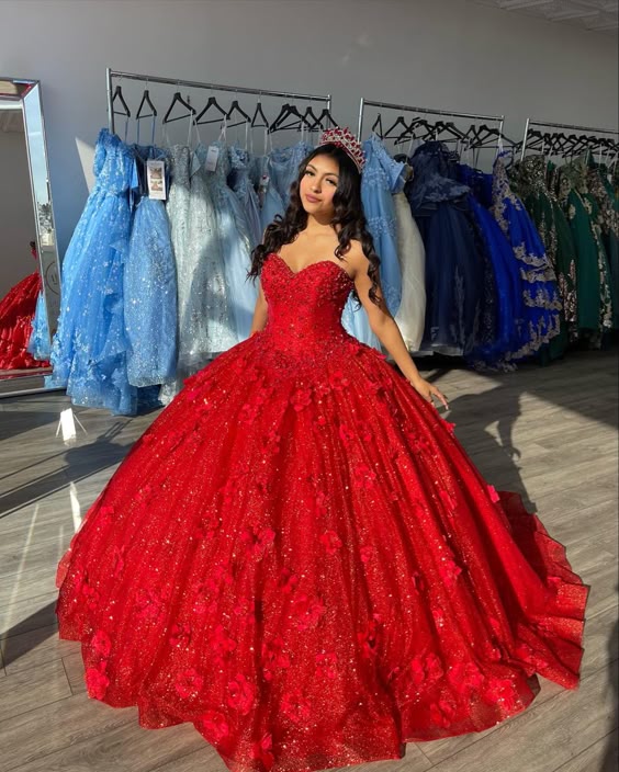3D Flowers Red Quinceanera Dresses Glitter Sequins Sweet 15 Prom Party Ball Gown fg6664 - VelvetHem