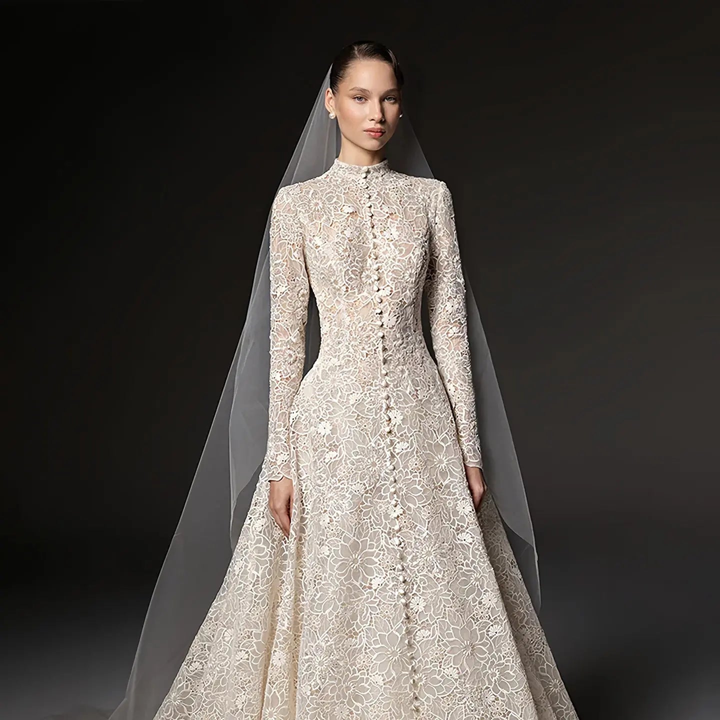 Luxury Champagne High Neck Long Sleeve Lace A-Line Wedding Dress with Buttons ZP079