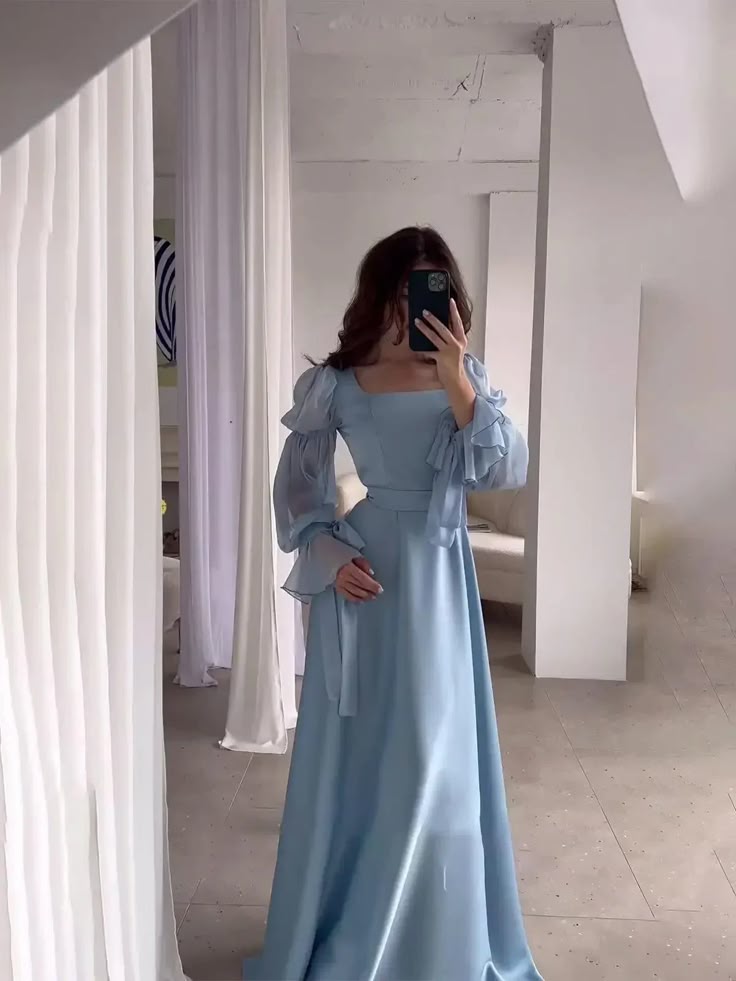 Light Blue Puff Sleeves Long Evening Dress fg6688 - VelvetHem