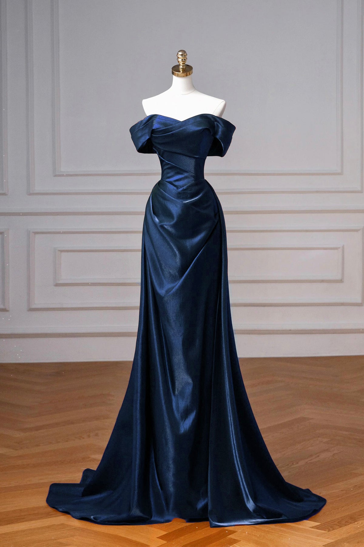 Navy Satin Long Prom Dress, Elegant Off the Shoulder Party Dress - VelvetHem