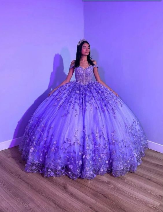 Purple Shiny Puffy Princess Quinceanera Dresses Off Shoulder Beads 3D Floral Gillter Sequins Lace-up Corset Vestidos 15 anos rosa - VelvetHem