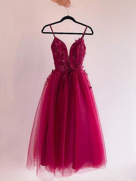 A Line V Neck Burgundy Prom Dresses with Lace Appliques, Burgundy Lace Homecoming Dresses fg6598 - VelvetHem