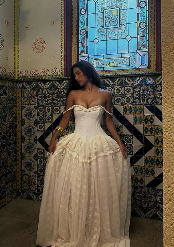 Vintage Ball Gown Off the Shoulder Satin Lace Prom Dress Wedding Dress - View 2 | VelvetHem