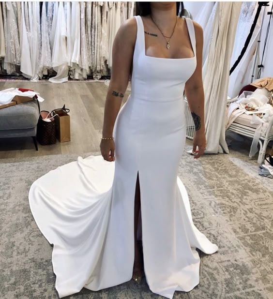 Elegant Mermaid Square Neck Satin Wedding Dresses with Slit fg6617 - VelvetHem