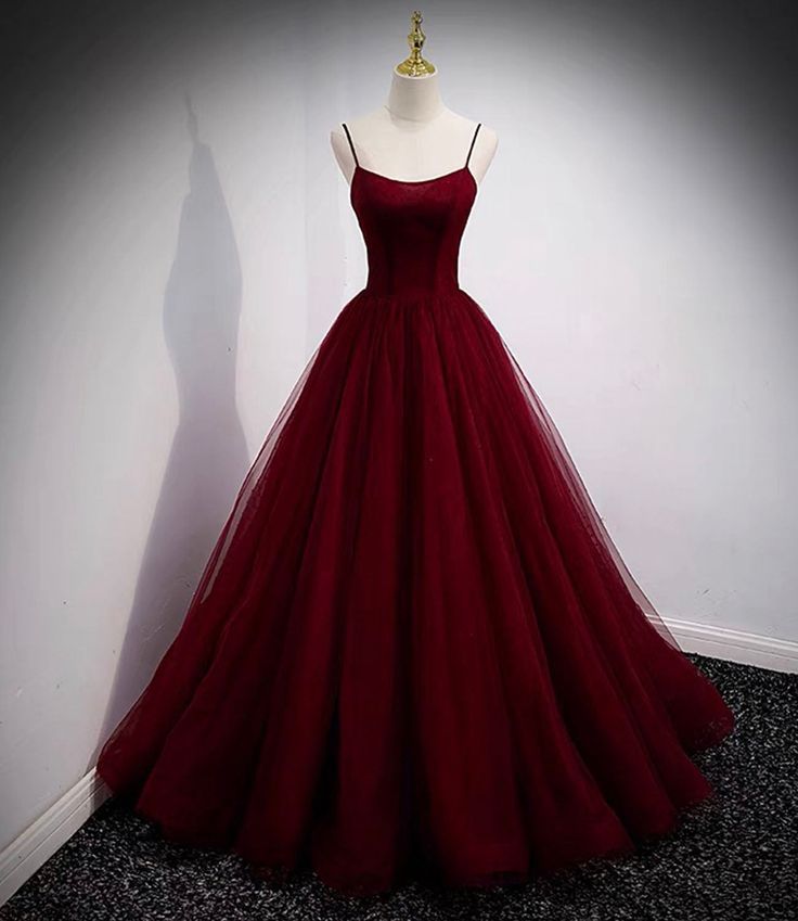 Burgundy tulle long prom dress A line evening gown fg6739 - VelvetHem