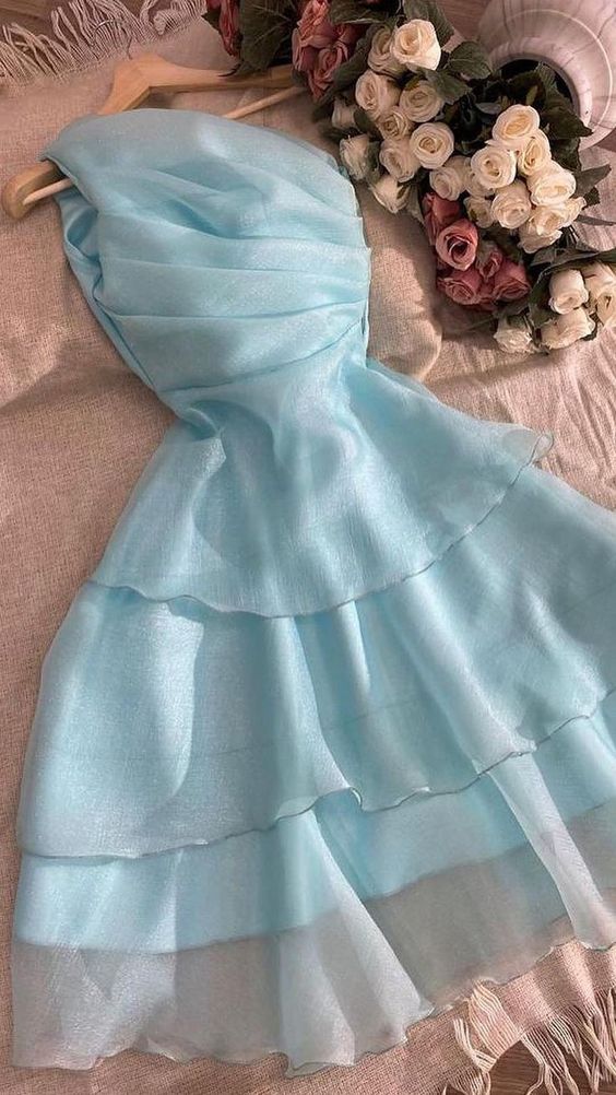 Elegant One Shoulder Party Layered Evening Dress Homecoming Dress,Blue Beach Dress