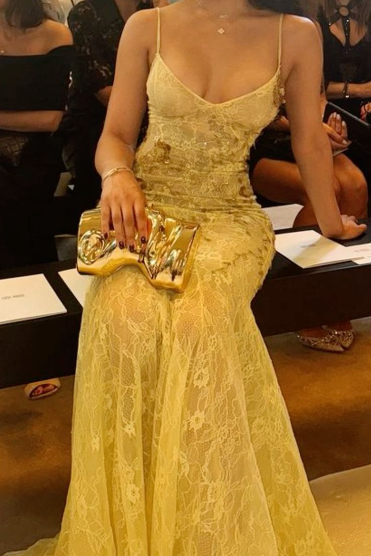 Gold Lace Spaghetti Straps Sexy Long Formal Dress Evening Party Dresses