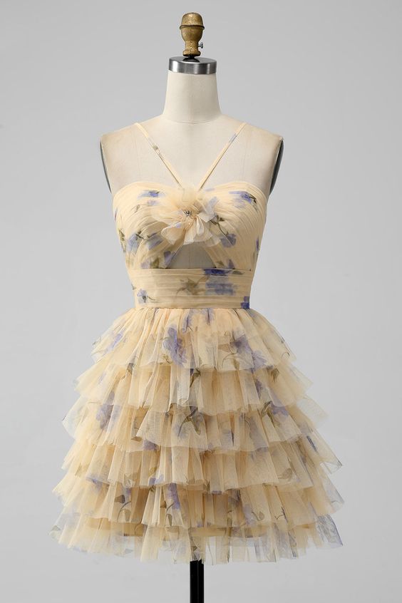 Yellow Print Keyhole Ruffle Tiered Short Homecoming Dress - VelvetHem