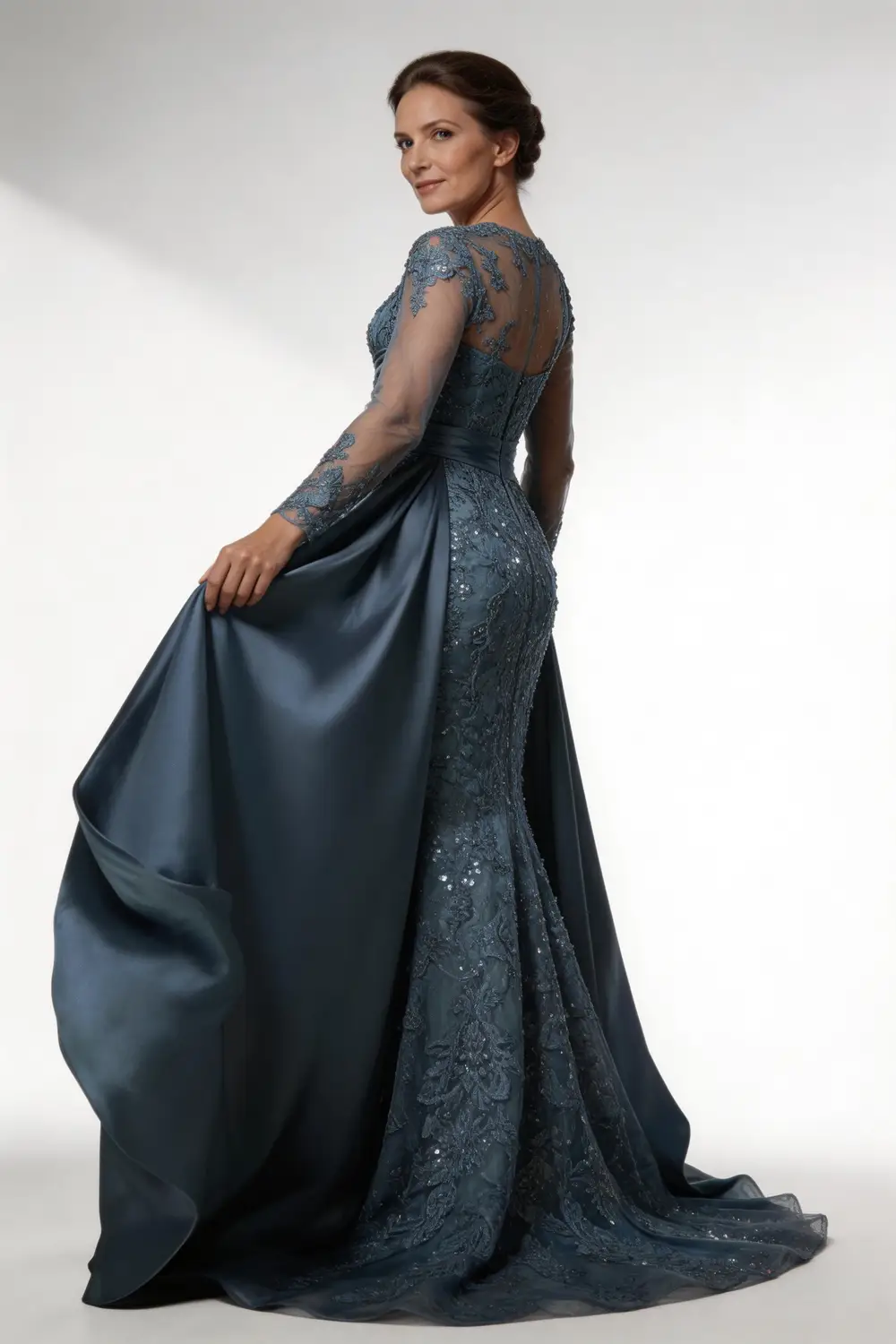 Steel Blue Mermaid Mother of the Bride Dress With Detachable Train (ZD17156)