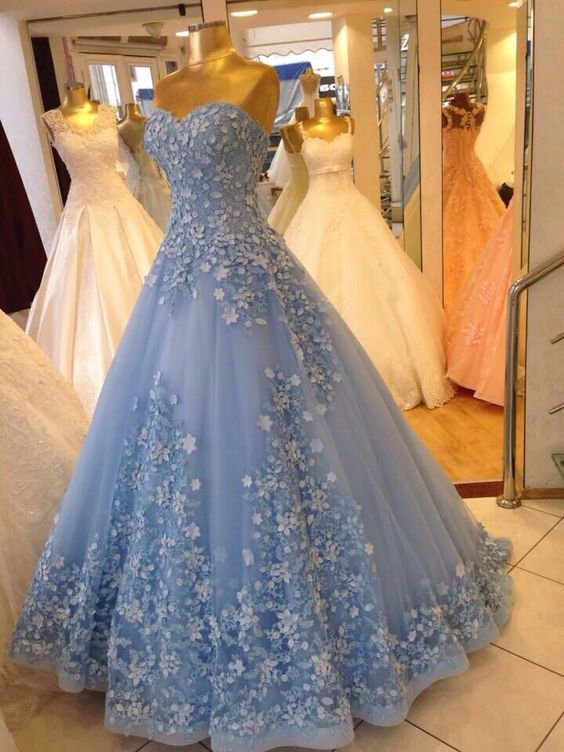 Ball Gown Sweetheart Blue Prom Dresses 3d Flower Dress fg6487 - VelvetHem