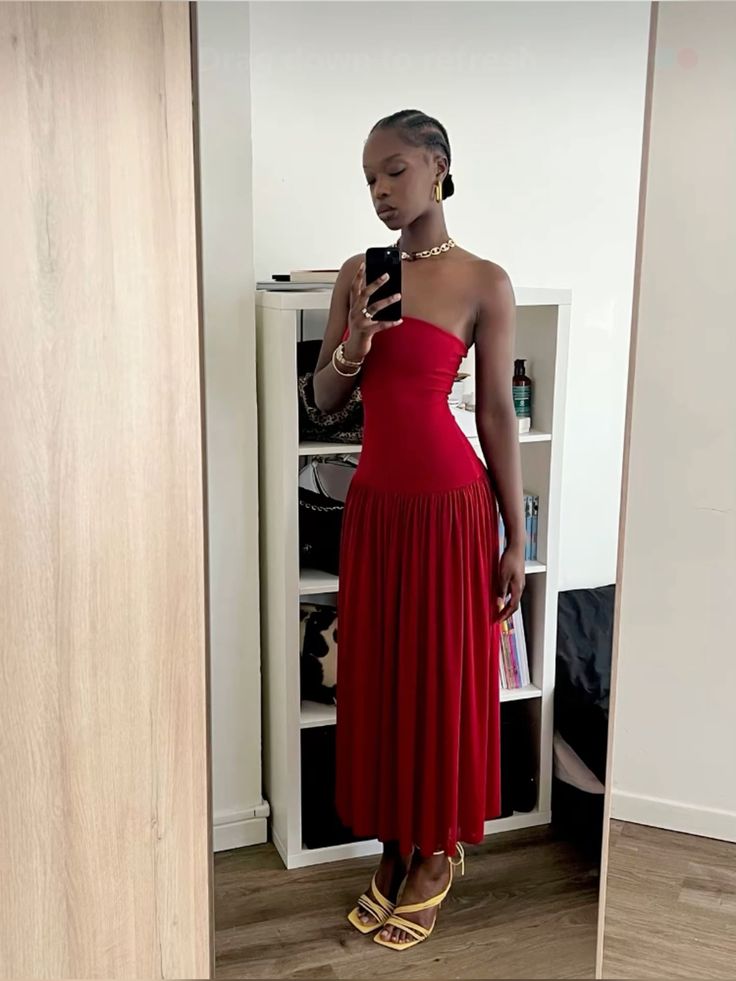 Red Strapless A-Line Long Party Dress Wedding Guest Dress fg7403 - View 2 | VelvetHem