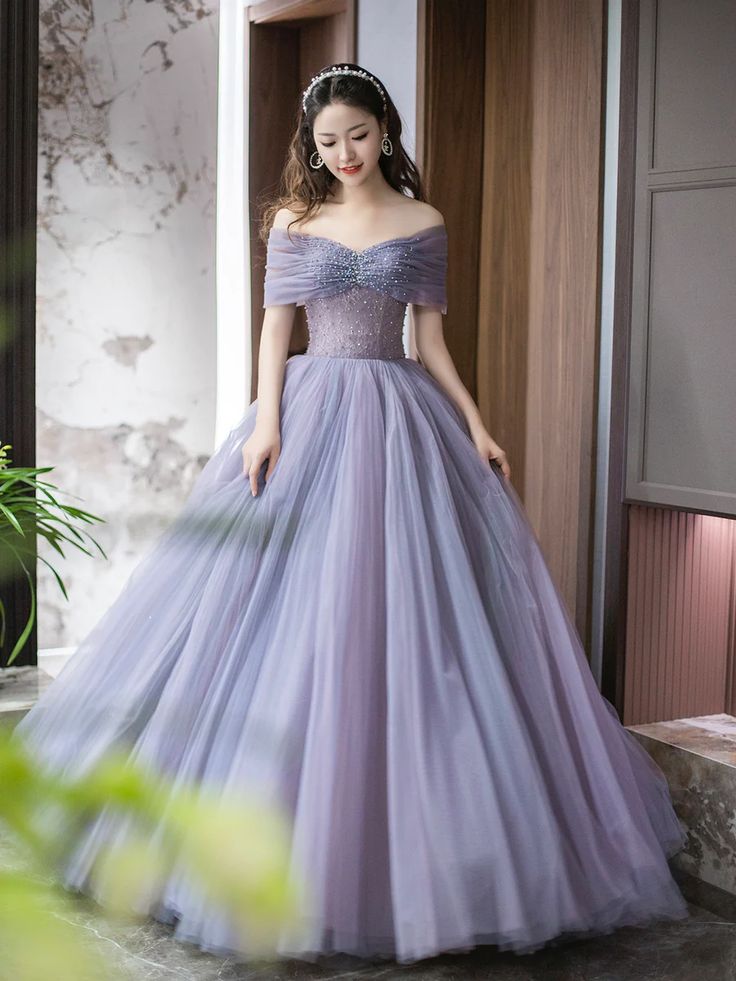 Purple A-Line Off Shoulder Tulle Beading Long Prom Dress fg6712