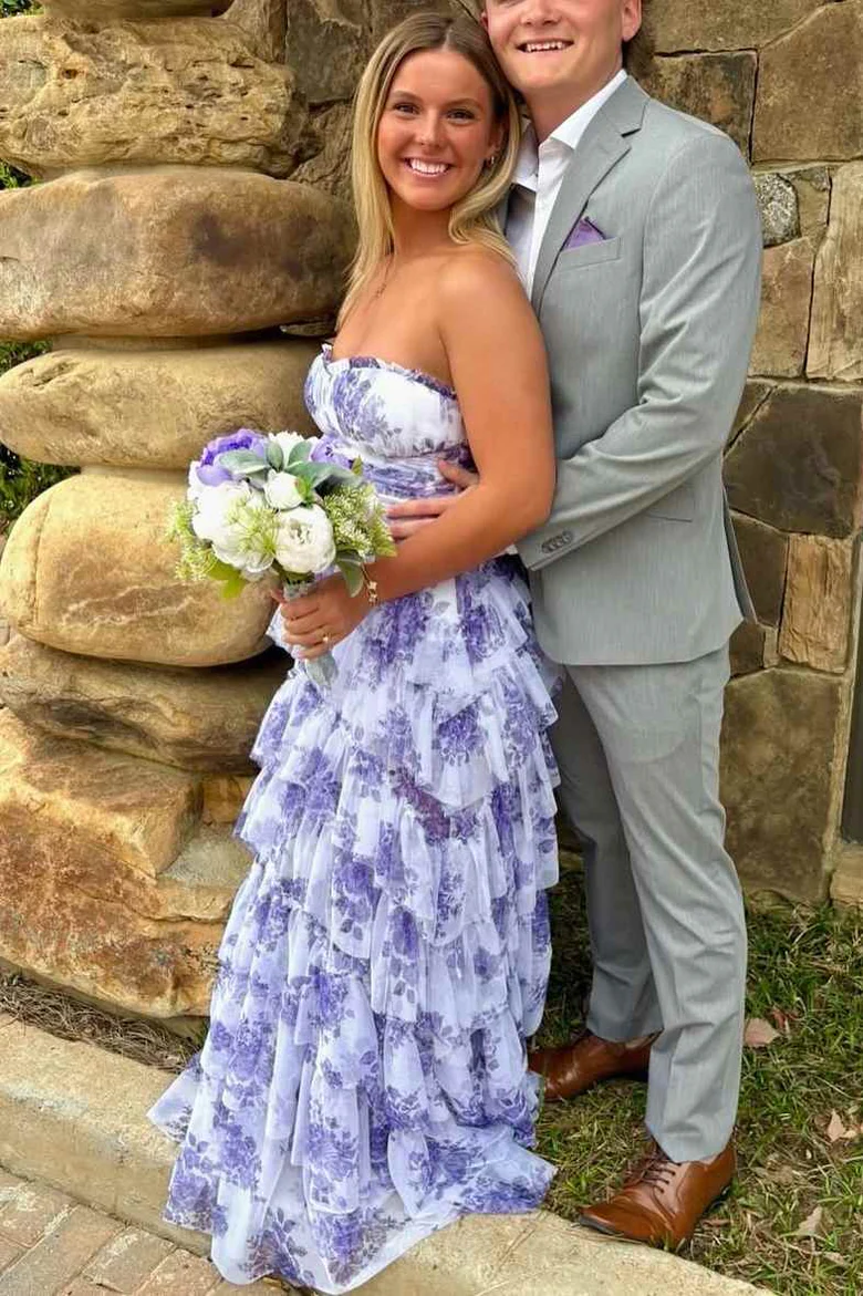 A-Line Strapless Empire-Waist Layered Print Sleeveless Prom Dress - VelvetHem