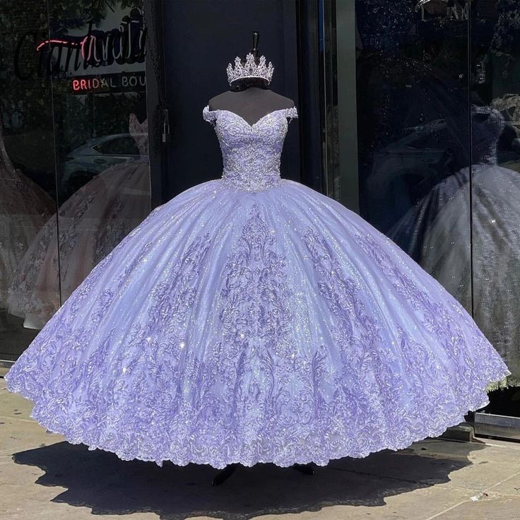 Lavender Off-Shoulder Ball Gown Quinceanera Dresses Vestidos De 15 Anos Lace Glitter Skirt Princess Party Gowns - VelvetHem
