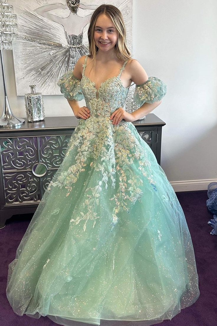 A-Line Appliques Plunge V Long Prom Dress with Detachable Sleeves fg6370 - View 2 | VelvetHem