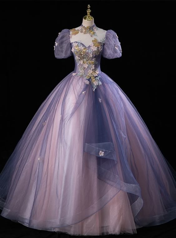 Purple Tulle Puff Sleeve Appliques Quinceanera Dress Evening Dress fg6750 - VelvetHem