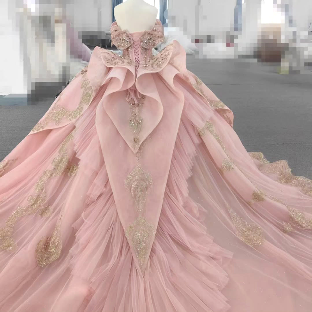 Princess Pink Sweetheart Ball Gown Quinceanera Dress with Appliques Sweep Train - View 2 | VelvetHem