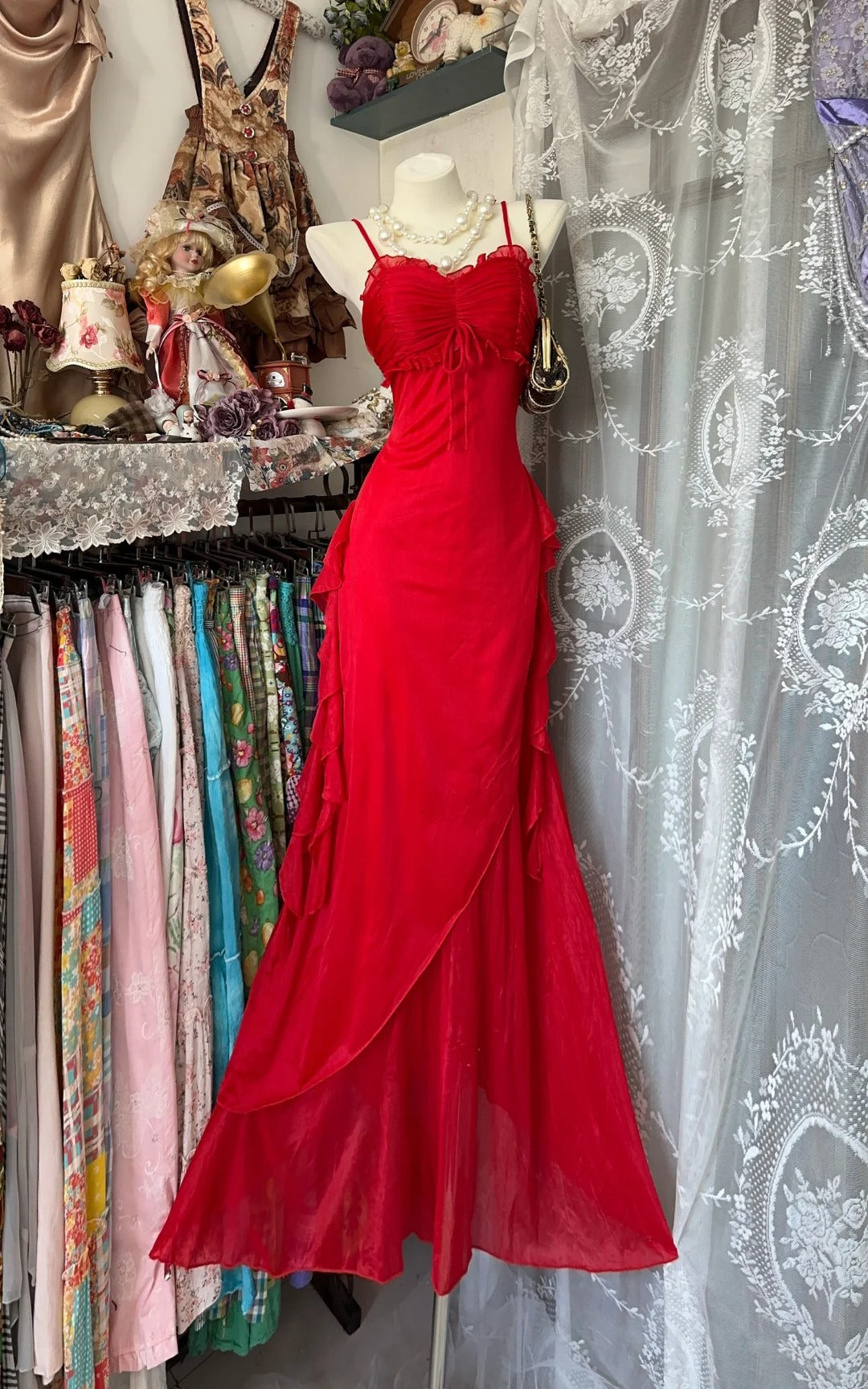 Red Party Dress Long Evening Dress Vintage Prom Dress - VelvetHem