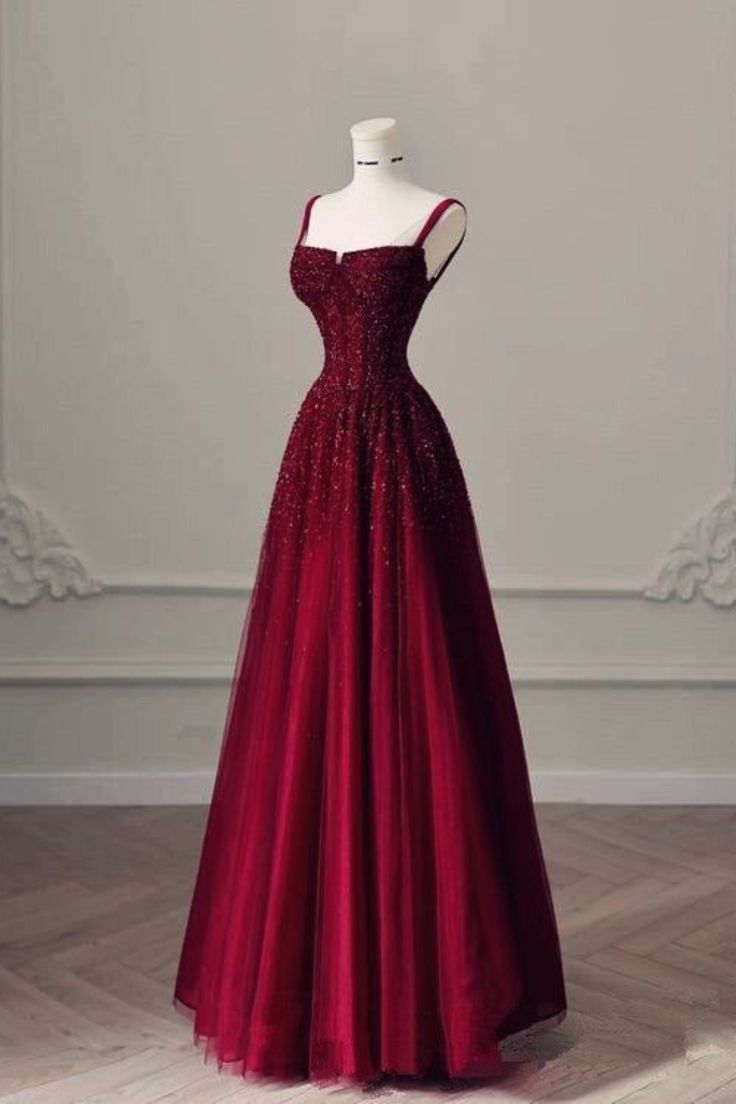 Burgundy Prom Dresses A line Straps Tulle Evening Dresses fg6734 - VelvetHem