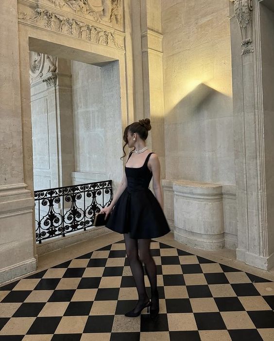 black mini wedding dress evening dress, square neck above knee Party Dress fg6356 - VelvetHem