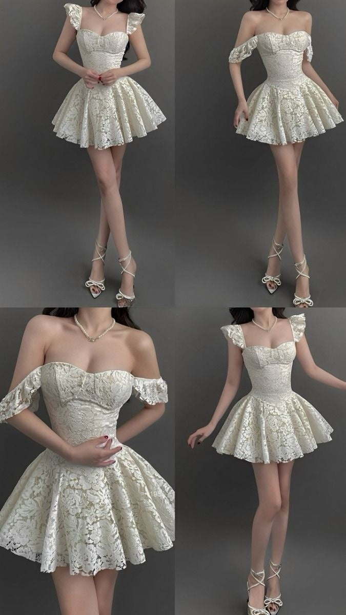 A Line White Lace Off Shoulder Short Evening Dress Cocktail Dresses Short Party Dress - View 2 | VelvetHem